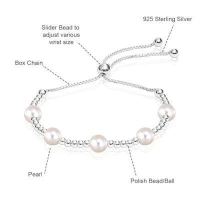 LeCalla 925 Sterling Silver Sliding Bolo Bracelet | Adjustable Beaded Tennis Bracelets for Women | Adjustable Slider Bolo Bracelets Gifts for Her - color: Simulated Pearl Beaded Bolo