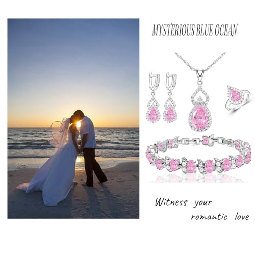 LMXXVJ Women Jewelry Set Platinum Plated Necklace Open Ring Earrings Bracelet Set,Birthday/Anniversary Mother’s Day Jewelry Gifts for Mom/Wife/Sister/Best Friend - color: Pink