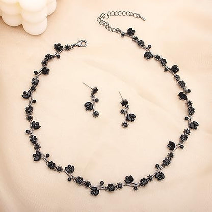 Elegant Brides Austrian Crystal Flower Choker Necklace Drop Dangle Earring Bracelet Wedding Jewelry Set for Bridesmaid Prom Costume Jewelry Set for Women - color: Black-Jet
