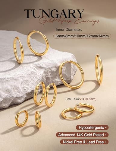 Tungary Small Gold Hoop Earrings for Women Huggie CZ Hoops Earring Stacks | Hypoallergenic Earing Hoops for Sensitive Ears, Earrings Stack Set for Cartilage, Secure Clasp, Silver/Black/14K Gold Plated - color: 14K Gold-Plain Huggies