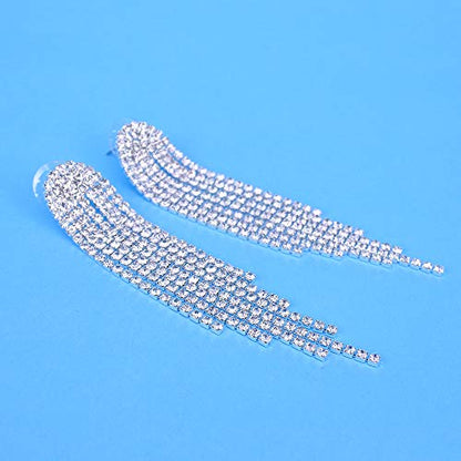 Mlouye 3.3"L Rhinestone Earrings Dangling Long Fringe Crystals Chandelier Dangle Drop Earrings for Women - color: 1-Pierced-Silver Clear