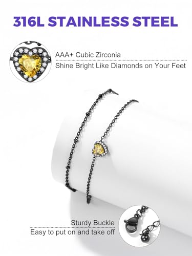 Richsteel Double Layer Heart/Butterfly Birthstone Anklet for Women | Non Tarnish Waterproof, Silver/Gold/Black Stainless Steel 8.5-10.5 Inch Adjustable Chain Anklets Summer Beach Foot Jewelry - color: Black Heart-11 Nov.(Yellow Topaz)