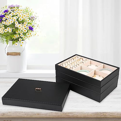 Voova Stackable Jewelry Organizer Tray with Lid (Set of 4, Black) | Stackable PU leather jewelry trays with drawer inserts for earrings, rings, necklaces, bracelets and watches; set of 4 - color: Black