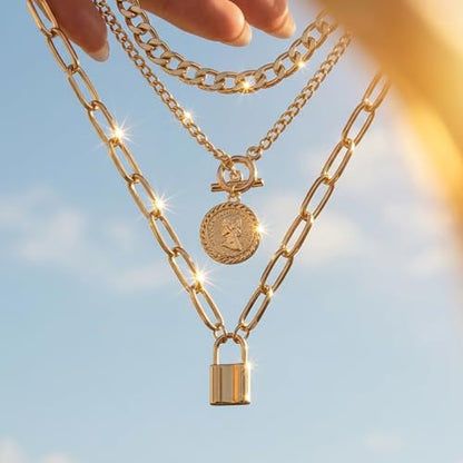QCWN Gold Layered stacked Necklaces for women 3PS Chunky Statement Necklaces Stack Mixed Metal Charm Necklace for Women Trendy Coin Jewelry Gift for Her Gifts - style: Layered stack 8