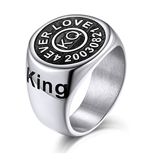 KeyStyle Stainless Steel Signet Rings Personalized for Men, Womens Custom Engraved Round Pinky Ring, Cool Ring Biker Rings Peronalised Gifts for Father Husband Mother (Size 7-13)