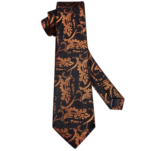 Hi-Tie Men's Silk Ties Formal Woven Classic Necktie Pocket Square Cufflinks Lapel Pin Set Wedding Business - color: Black and Copper