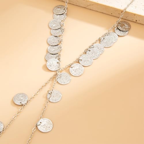 Boho Gold Long Disc Coin Choker Drop Statement Necklace for Women | Trendy Y Shaped Pendant Tassel Necklaces Round Disk Body Wrap Chain Collar Necklace Costume Outfit Festival Jewelry Accessory - color: Silver