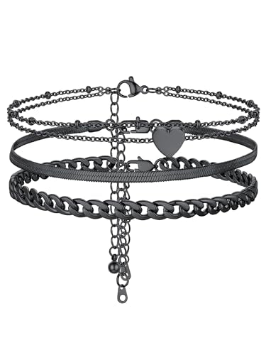 PROSTEEL Trendy Handcuffs Design/Customize Words Ankle Bracelet For Women, 316L Stainless Steel Anklets Silver/Gold/Black Tone, Hypoallergenic, Come with Box - style: 07.3 Layered-Cuban&Herringbone&Heart-Black