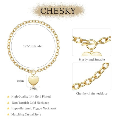 CHESKY 14K Gold Plated Chunky Necklace for Women, Trendy Toggle Clasp | Statement Pendant Necklace, Layered Paperclip Chain, Toggle Clasp Design, Thick Gold Chain, Non Tarnish Everyday Jewelry - color: gold, style: heart