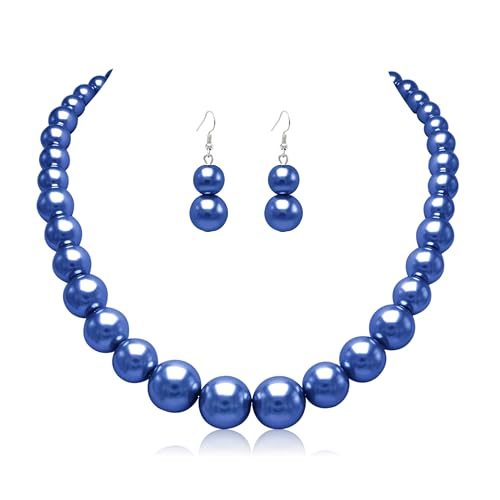 Cryshimmer Pearl Choker Necklace for Women Faux Pearl Beads Strand Necklace Earring Set Costume Jewelry,Gift for Wife Mother - color: Dark Blue