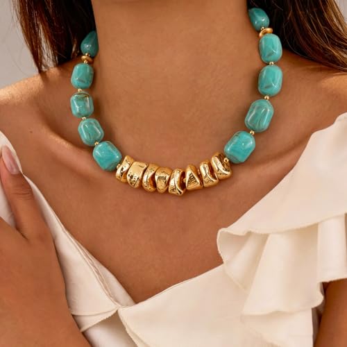 VIBILIA Boho Beaded Chunky Statement Necklace for Women Y2K Summer Jewelry | Boho Handmade Large Resin Bead Strand, Trendy Statement Summer Vacation Holiday Jewelry - color: Oval-Turquoise