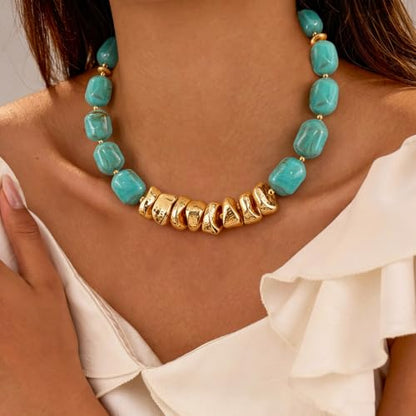 VIBILIA Boho Beaded Chunky Statement Necklace for Women Y2K Summer Jewelry | Boho Handmade Large Resin Bead Strand, Trendy Statement Summer Vacation Holiday Jewelry - color: Oval-Turquoise