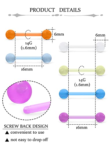 Oufksiyy 14G 16mm 14mm Glow in Dark Flexible Acrylic Straight Tongue Rings Plastic Nipple Ring Retainer Body Piercing Jewelry for Women Men 24PCS(12Pairs 14 Gauge Piercings - color: 14G-16mm(5/8INCH)-Barbell