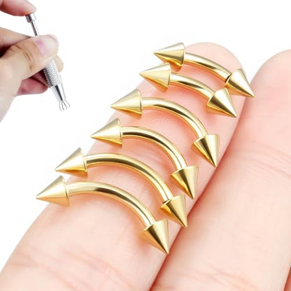Internally Threaded Eyebrow Piercing Jewelry Surgical Steel Tiny Eyebrow Rings Vertical Labret Lip Jewelry Small Ear Rook Earring for Women Men 18g 16g 14g Plus Piercing Ball Grabber Tool - color: goldtone, size: 14g,spike end
