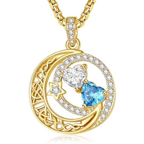 14K Gold Moon and Star Double Birthstone Necklace Gifts for Women | 2 Heart Birthstone Necklace,Mothers Day Wedding Anniversary Birthday Gifts for Wife Mom Daughter Grandma Sister - color: 04-12-Apr-Dec Birthstone