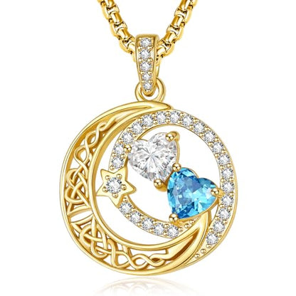 14K Gold Moon and Star Double Birthstone Necklace Gifts for Women | 2 Heart Birthstone Necklace,Mothers Day Wedding Anniversary Birthday Gifts for Wife Mom Daughter Grandma Sister - color: 04-12-Apr-Dec Birthstone