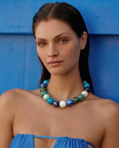 Chunky Beaded Choker Necklace for Women Boho Statement Necklace with Large Pearl Blue Brown Tone Resin Beads Summer Beach Jewelry Gifts - color: Blue