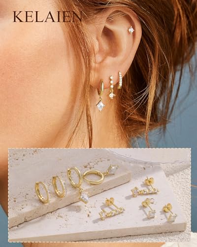 Gold Silver Earrings for Women Trendy 14K Gold Plated Dangle Hypoallergenic Cartilage Earrings Small 925 Sterling Silver Post Dainty Hoop Drop Pearl Earring Stacks Set Huggie Chain Earrings Jewelry - color: C-Huggie Earrings-Gold