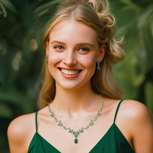 Jewelry Set for Women, Necklace Dangle Earrings Bracelet Set with White AAA Cubic Zirconia, Allergy Free Wedding Party Jewelry for Bridal Bridesmaid - color: Necklace + Earrings-Gold-Green Emerald CZ