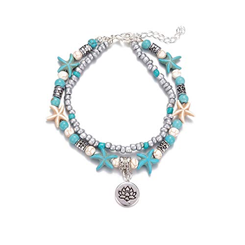 Softones Blue Starfish Turtle Anklet Multilayer Charm Beads Sea Handmade Boho Anklet Foot Jewelry for Women - style: S:Flower
