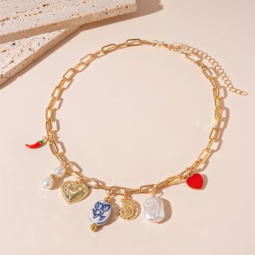 JNF Cute Shell Conch Boho Charm Necklace for Women Sun Moon Star Coin Heart Flower Boot Bow Charms Necklaces Summer Beach Jewelry - color: charm gold