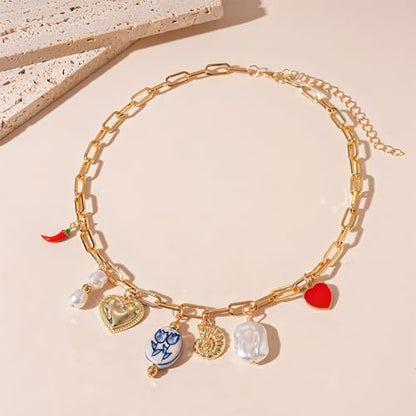 JNF Cute Shell Conch Boho Charm Necklace for Women Sun Moon Star Coin Heart Flower Boot Bow Charms Necklaces Summer Beach Jewelry - color: charm gold