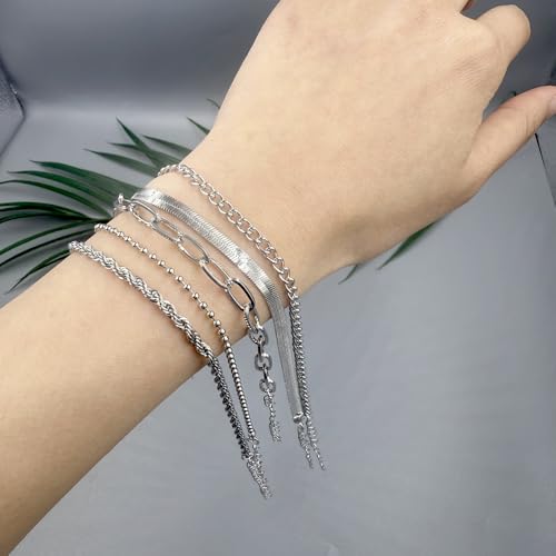 Adjustable Waterproof Layered Bracelets for Women Summer Beach Cuban Link Chain Anklets Set Herringbone Paperclip Beaded Snake Chain Stackable Anklet Stainless Steel Jewelry Bracelet - color: 5PCS-Sliver