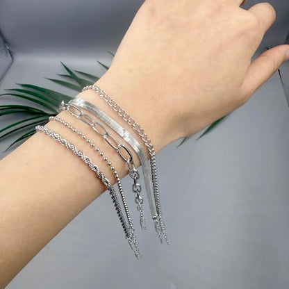 Adjustable Waterproof Layered Bracelets for Women Summer Beach Cuban Link Chain Anklets Set Herringbone Paperclip Beaded Snake Chain Stackable Anklet Stainless Steel Jewelry Bracelet - color: 5PCS-Sliver