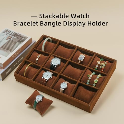 Jewelry Watch Tray, Coffee Velvet Watch Jewelry Organizer 12 Grid, Stackable Watch Bracelet Bangle Display Holder, Adjustable Pillows, for Man Woman Show Birthday - color: Coffee