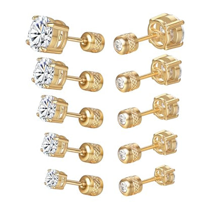 5 Pairs Screw Back Stud Earrings Set, Cubic Zirconia Stud Earring for Women Men Hypoallergenic 316L Surgical Stainless Steel Round Cut CZ 3-7mm - color: Yellow Gold Plated