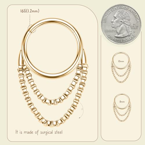 AROWRO Chain Septum Rings 316L Surgical Steel Septum Clicker Daith Piercing Jewelry Dangle Nose Rings for Women 16G 8/10mm Conch Cartilage Hoop Seamless Hinged Septum Jewelry with Clear CZ/Opal - color: Style-4-Gold double chains, size: 16G-8mm
