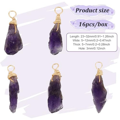 FINGERINSPIRE 16pcs About 28mm Natural Amethyst Pendant Bulk Irregular Amethyst Charms Raw Amethyst Copper Wire Wrapped Pendants Natural Stone Healing Crystal Gemstone Charm for Jewelry Making