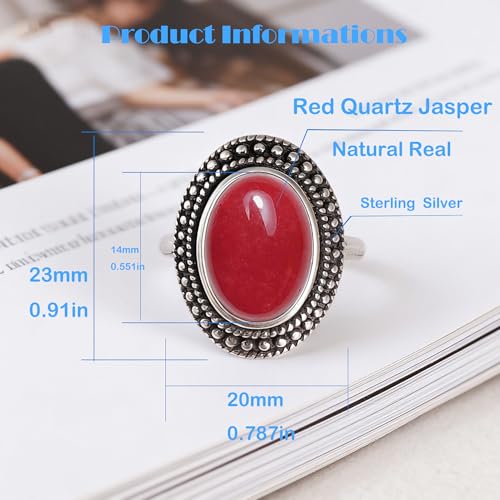 Natural Oval Stone Boho Ring,Retro Antique S925 Sterling Silver Crystal Quartz Gemstone Bohemian Statement Handmade Ring Jewelry for Women Her - color: B03_Red Quartz Jasper