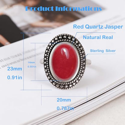 Natural Oval Stone Boho Ring,Retro Antique S925 Sterling Silver Crystal Quartz Gemstone Bohemian Statement Handmade Ring Jewelry for Women Her - color: B03_Red Quartz Jasper