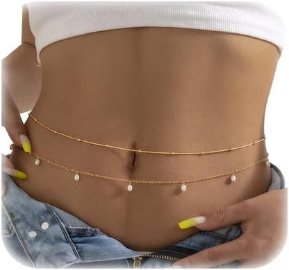 Gold Chain Belt for Women, 14K Gold Plated Layered Pearl Shell Belly Chain, Adjustable Gold Waist Chain and Beach Waist Chain Body Jewelry for Bikini Summer Outfits - color: Starlight Platinum