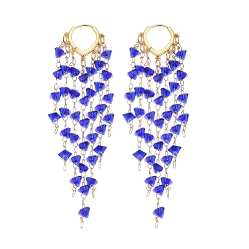 Fringe Hoop Dangle Earrings, Long Beads Tassel Chain Earrings for Women Sparkly Chandelier Earrings - color: Royal Blue