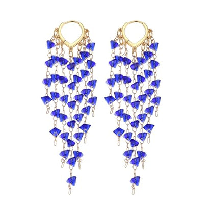 Fringe Hoop Dangle Earrings, Long Beads Tassel Chain Earrings for Women Sparkly Chandelier Earrings - color: Royal Blue