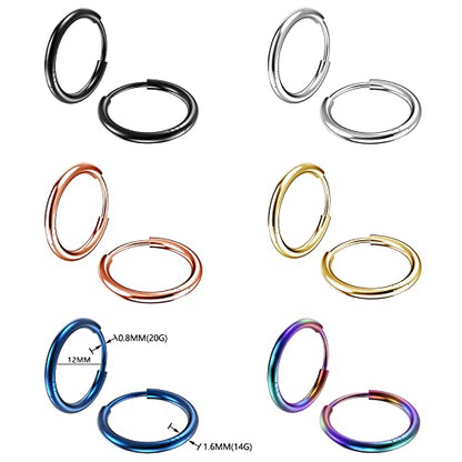 Osayia 316L Surgical Stainless Steel Small Hoop Earrings 8mm 10mm 12mm Hypoallergenic Huggie Thin Hoop Earrings Helix Lobes Hinged Sleeper Earrings Men Women for Cartilage Piercings - color: C: Diameter 12mm (6 Color),6 Pairs