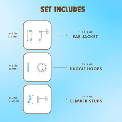 3 Pairs Mini Hoop Earrings Set Turquoise Cubic Zirconia Huggie Hoop Cartilage Earring Ear Cuff for Women (Turquoise/CZ) - color: *Turquoise-A