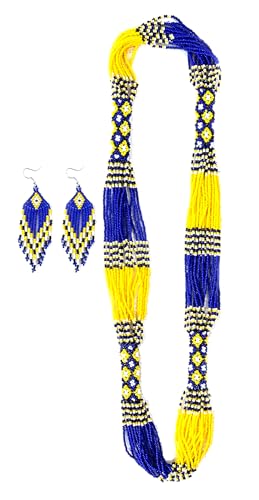 Layered – Boho Native American Style Layered Beaded Necklace– Ukrainian beaded Necklace Native Handmade Seed Bead Necklace Tribal ethnic beaded Necklace for Women (Tuquoise) - color: Blue & yello