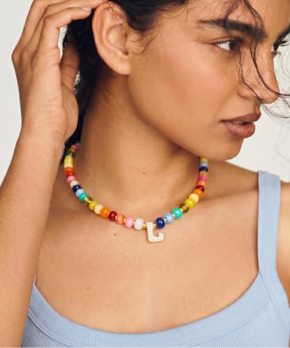 Colorful Beaded Initial Necklace for Women - Colorful Letter A-Z Necklaces, 14K Gold Plated Zirconia Bubble Letter Charm, Women Gold Jewelry Personalized Birthday Gifts - color: L