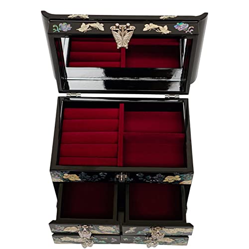 February Mountain Mother of Pearl Jewelry Box with Traditional Mother of Pearl Inlay - Elegant Floral and Butterfly Design for Her - style: Black