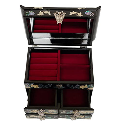 February Mountain Mother of Pearl Jewelry Box with Traditional Mother of Pearl Inlay - Elegant Floral and Butterfly Design for Her - style: Black