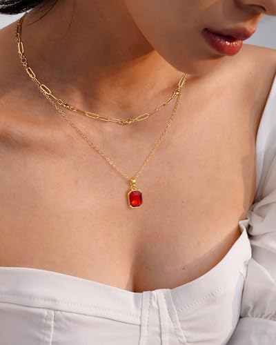 Gold Layered Necklaces for Women, 18k Gold Plated Crystal Necklace Paperclip Choker Emerald Green Jewelry for Women Gifts - color: Big Red