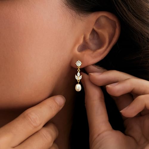 Pearl Earrings for Women Trendy, 14k Gold Plated Freshwater CZ Leaf Pearl Dangle Drop Gold Earrings Lightweight Hypoallergenic Stud Earring Bridesmaid Wedding Gold Jewelry for Women Gifts - style: gold pearl earrings