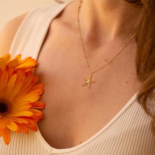 MTMY Gold Starfish Necklace 14K Gold Plated Shell Conch Ocean Pendant Necklace for Women Beach Summer Jewelry - style: starfish
