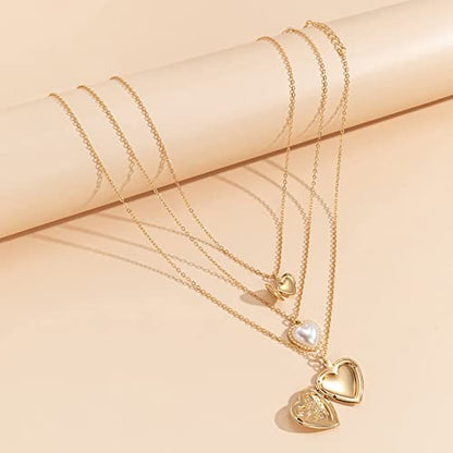 KnBoB 3 Layered Necklaces for Women, Layered Choker Necklaces for Women Adjustable Gold Plated Rolo Chain Necklace with Heart Pendant - color: Gold