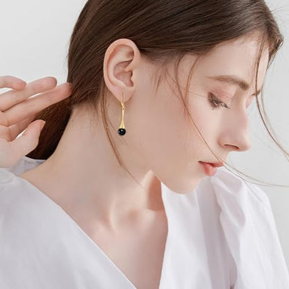 Sterling Silver Black Onyx Earrings for Women 18K Yellow Gold Plated Jewelry Gifts - style: Dangle with Ball Bead