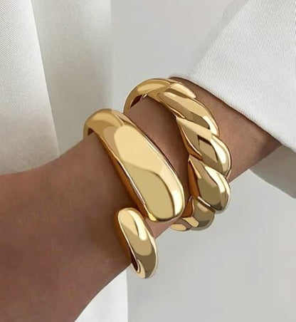 Chunky Gold Bangle Bracelets for Women, Dainty 14k Gold Plated Big Stackable Bangles Set, Trendy Statement Cuff Bracelet Stack Fashion Jewelry Gifts - style: A4-gold