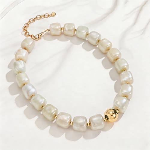 Colorful Statement Chunky Beaded Necklace for Women Large Square Resin Beads Y2K Trendy Bold Summer Vacation Boho Choker Jewelry - color: White